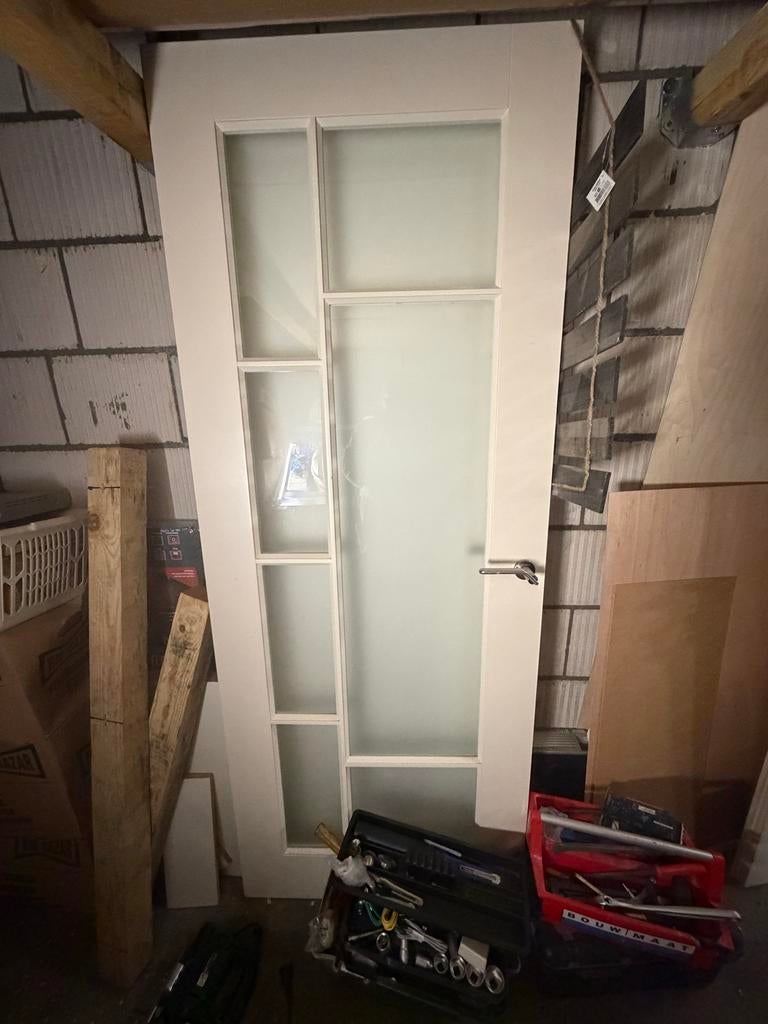 Hoge binnendeur met melkglas panelen, Gebruikt, 80 tot 100 cm, 215 cm of meer, Binnendeur