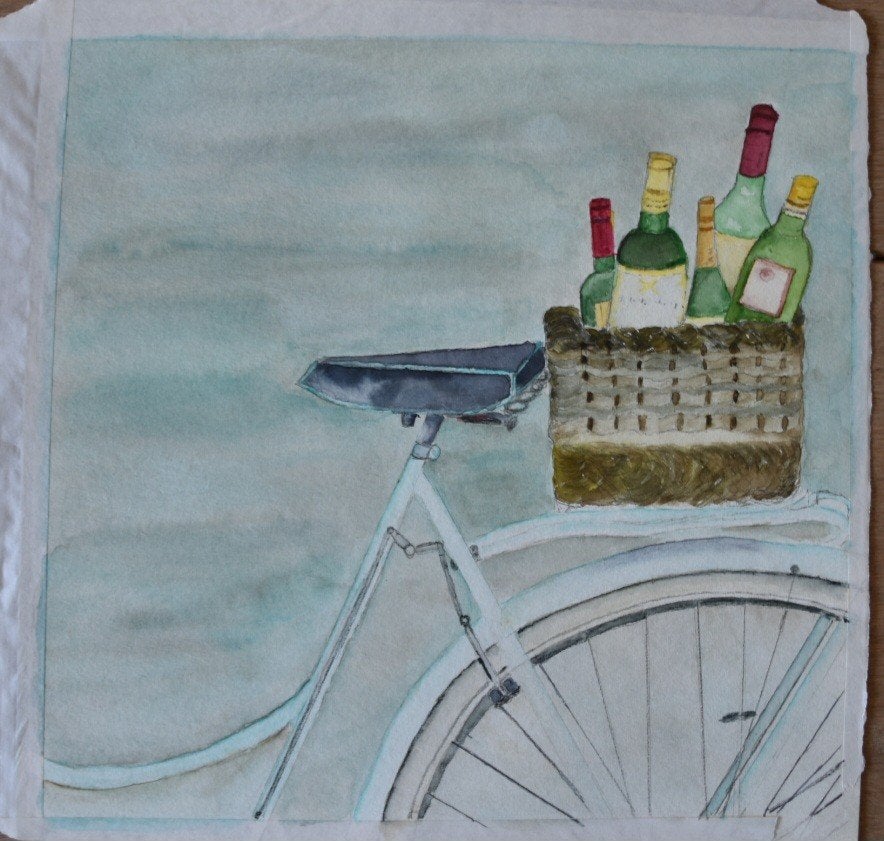Handgemaakt aquarel: Fiets met wijnmand, 28x28 cm, Ophalen, Realistisch, Aquarel, Overige onderwerpen