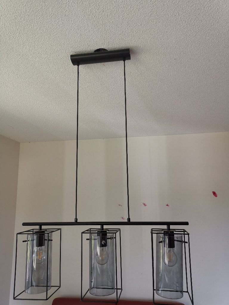 Moderne hanglamp met 3 glazen kappen en metalen frame, Ophalen, Gebruikt, Modern, Industrieel, E27 (groot)