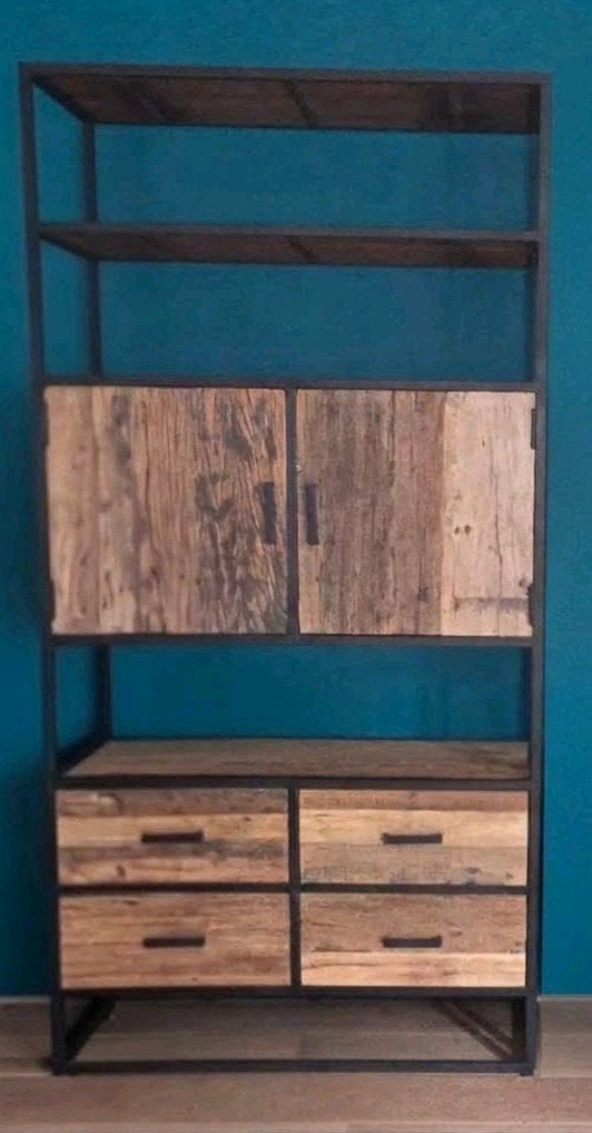 Industriële kast met hout en metaal (200x100x40 cm), Gebruikt, 200 cm of meer, Met lade(s), Minder dan 150 cm
