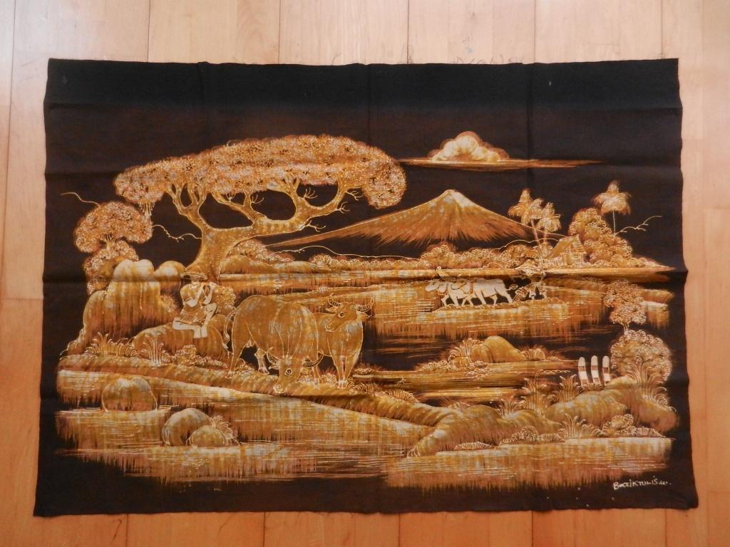 Batik kleed Landschap met karbouwen en fluitspeler 65x92 cm, 50 tot 100 cm, Landschap, Zo goed als nieuw, Grijs