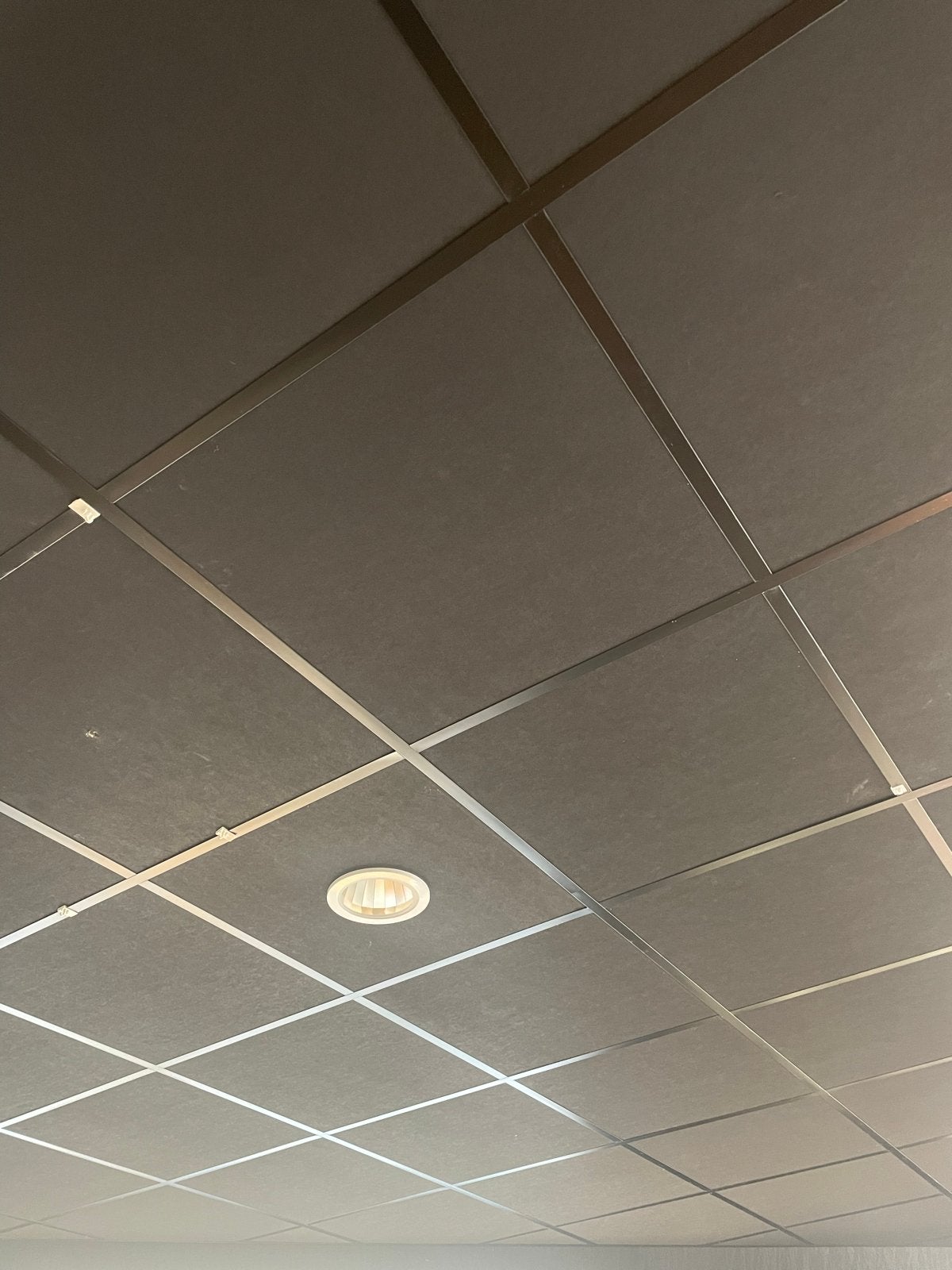 Systeemplafond met donkere akoestische platen en inbouwspots, Ophalen of Verzenden, Zo goed als nieuw, Overige materialen