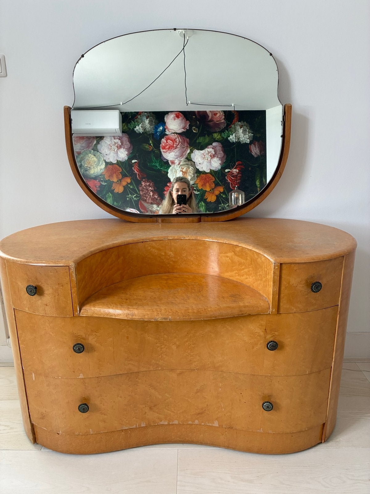 Vintage Art Deco Toilettafel met Spiegel - Burl Hout, Ophalen