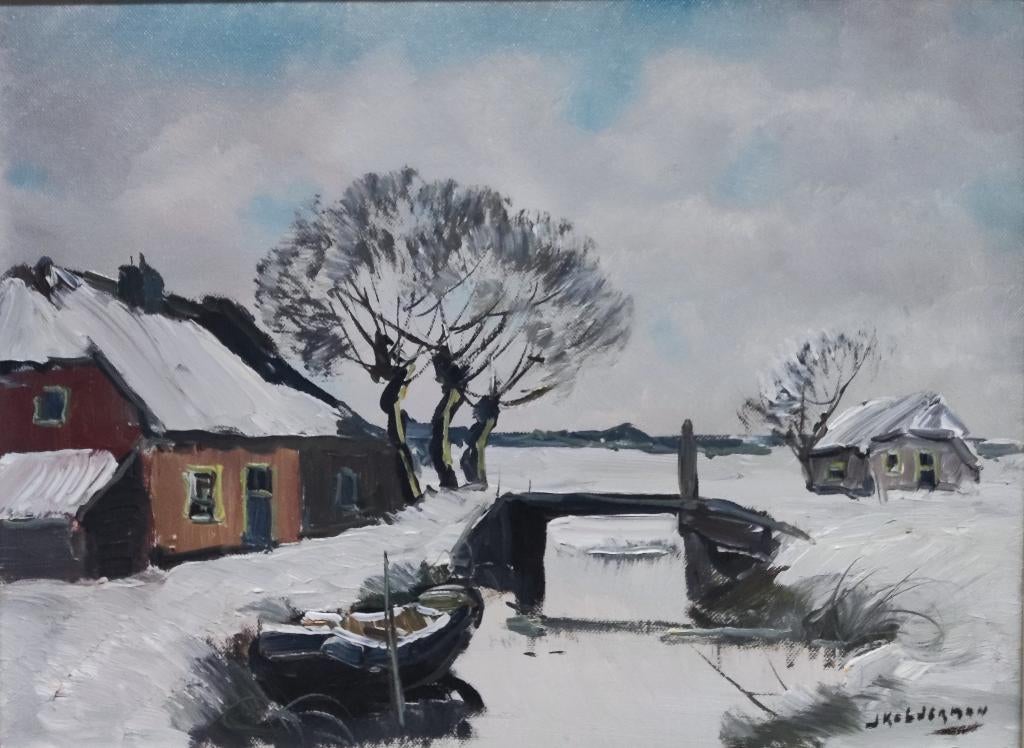 Jan Kelderman (1914-1990) -Winters landschap met boerderijen, Ophalen of Verzenden