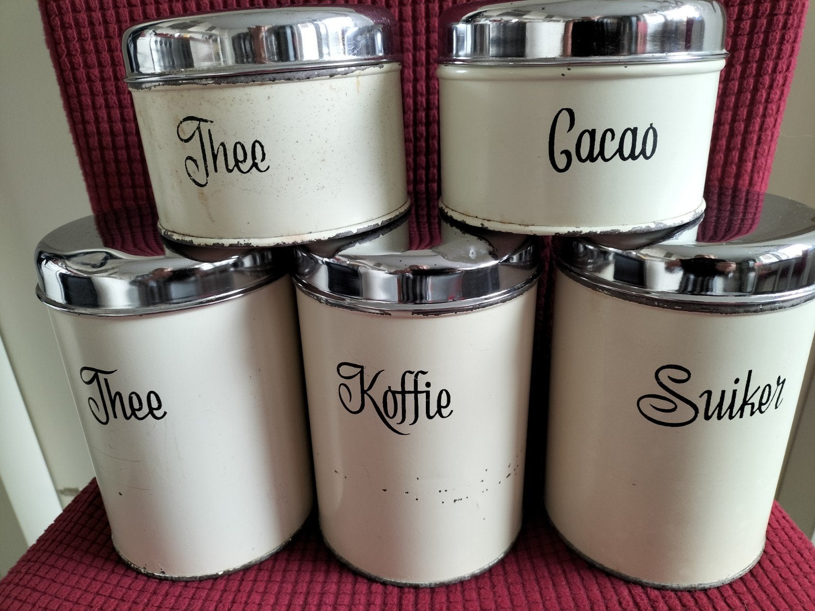 Brabantia koffie, thee, suiker, cacao blikken wit vintage, Verzamelen, Blikken, Ophalen of Verzenden, Zo goed als nieuw, Koffie