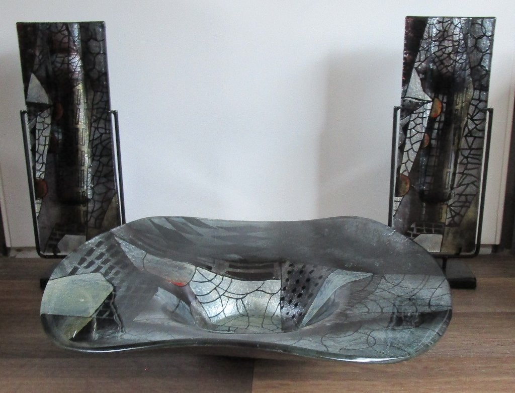 Prachtige 3-delige Kunstglas Set – Grote Schaal & 2 Vazen, Schaal, Rond, Ophalen of Verzenden, Handgemaakt