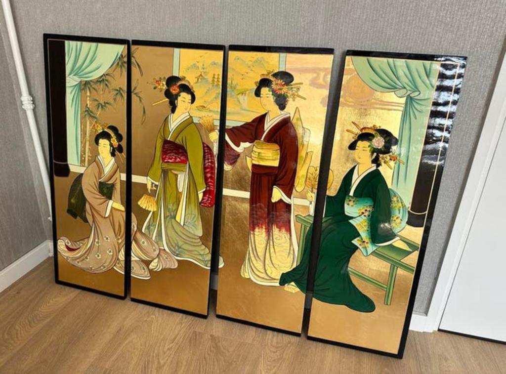 Decoratief  4 luik schilderij van lak met Geisha's, Ophalen of Verzenden