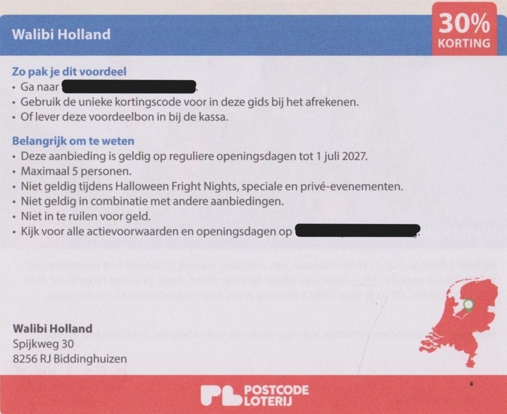 Walibi Holland. Biddinghuizen. 30% korting. Postcode bon., Drie personen of meer, Kortingskaart