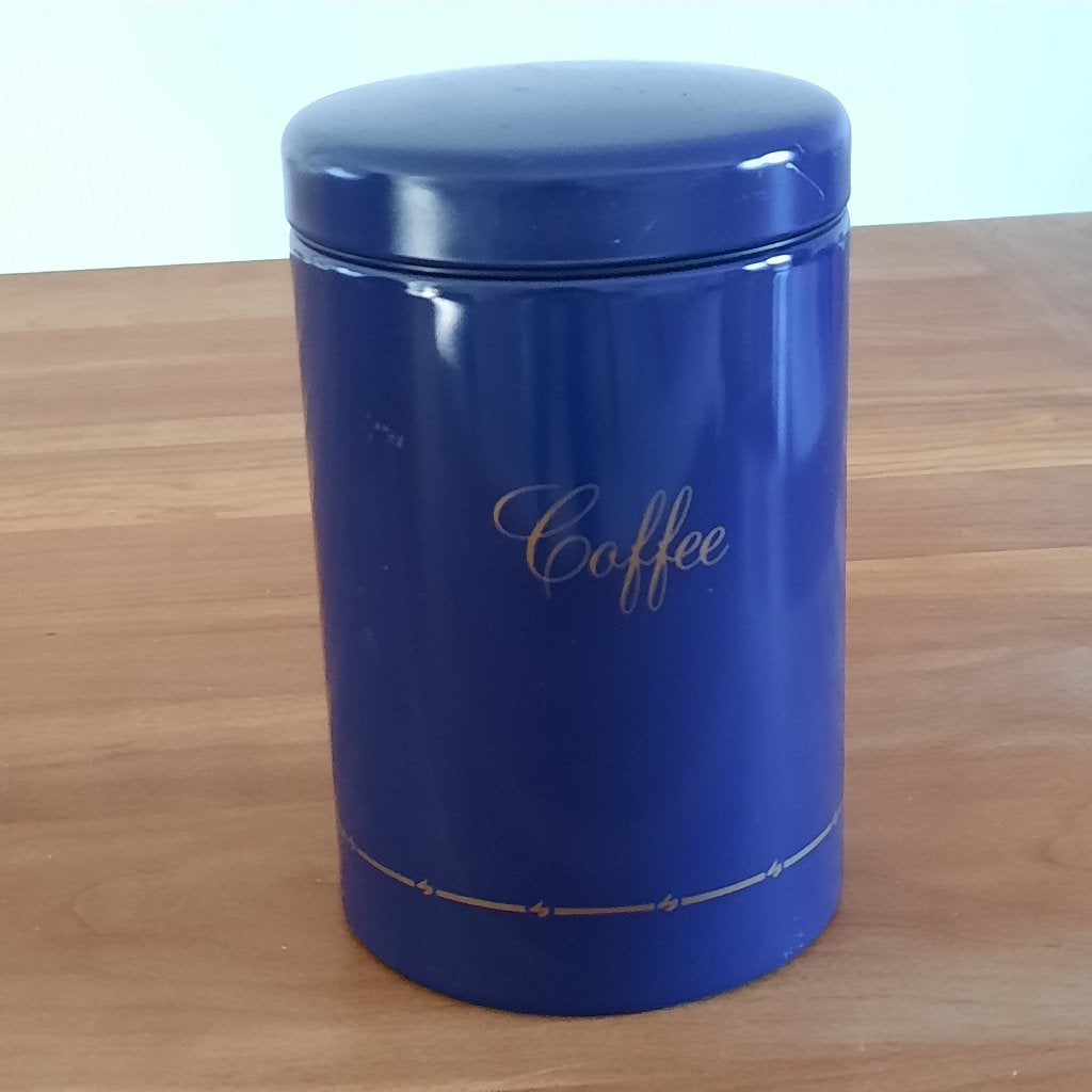 Donkerblauwe voorraadbus van Brabantia met tekst koffie, Ophalen of Verzenden, Voorraadpot, Metaal, Brabantia