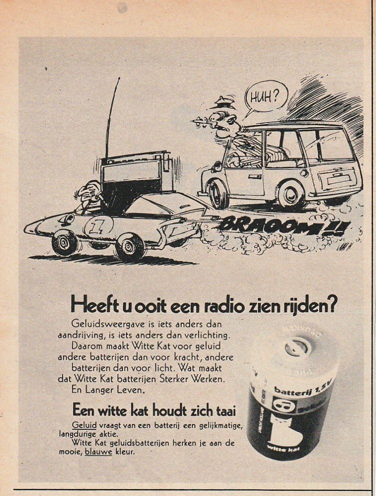 Retro reclame 1971 Witte Kat stripfiguur auto en radio, Verzamelen, Verzenden, Overige typen