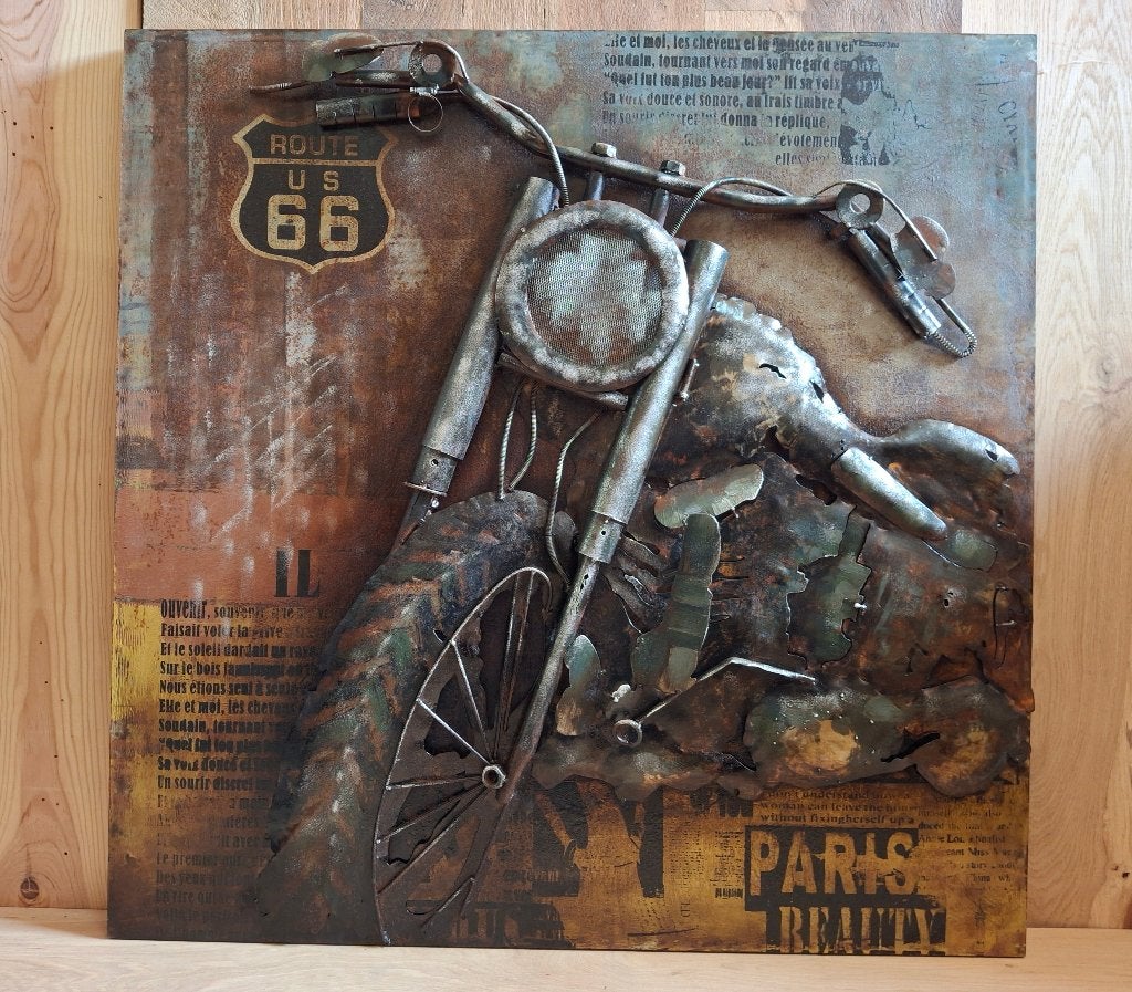 Uniek 3D metalen kunstwerk, schilderij: Route 66 motorfiets, Gemengde techniek, Ophalen, Voertuigen, Met textuur