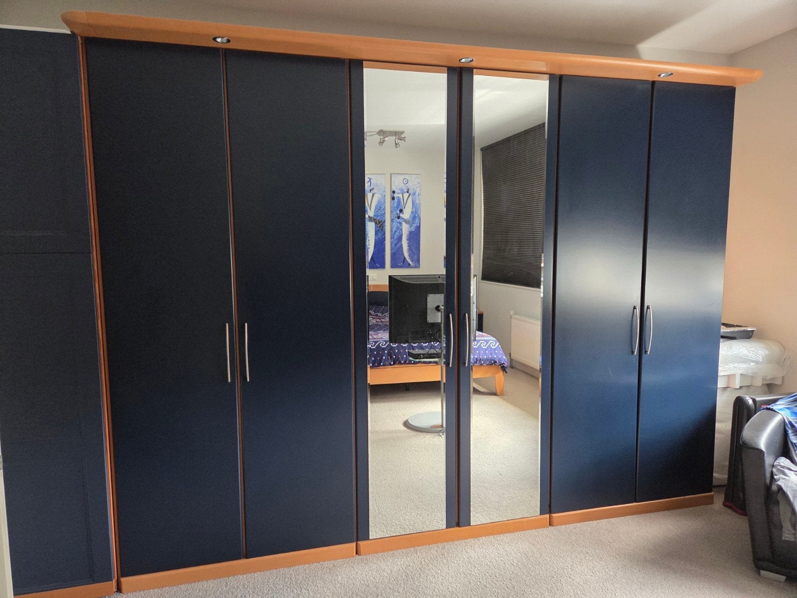 Kledingkast en bed blauw met beuken, Ophalen, 200 cm of meer, 150 tot 200 cm, Zo goed als nieuw
