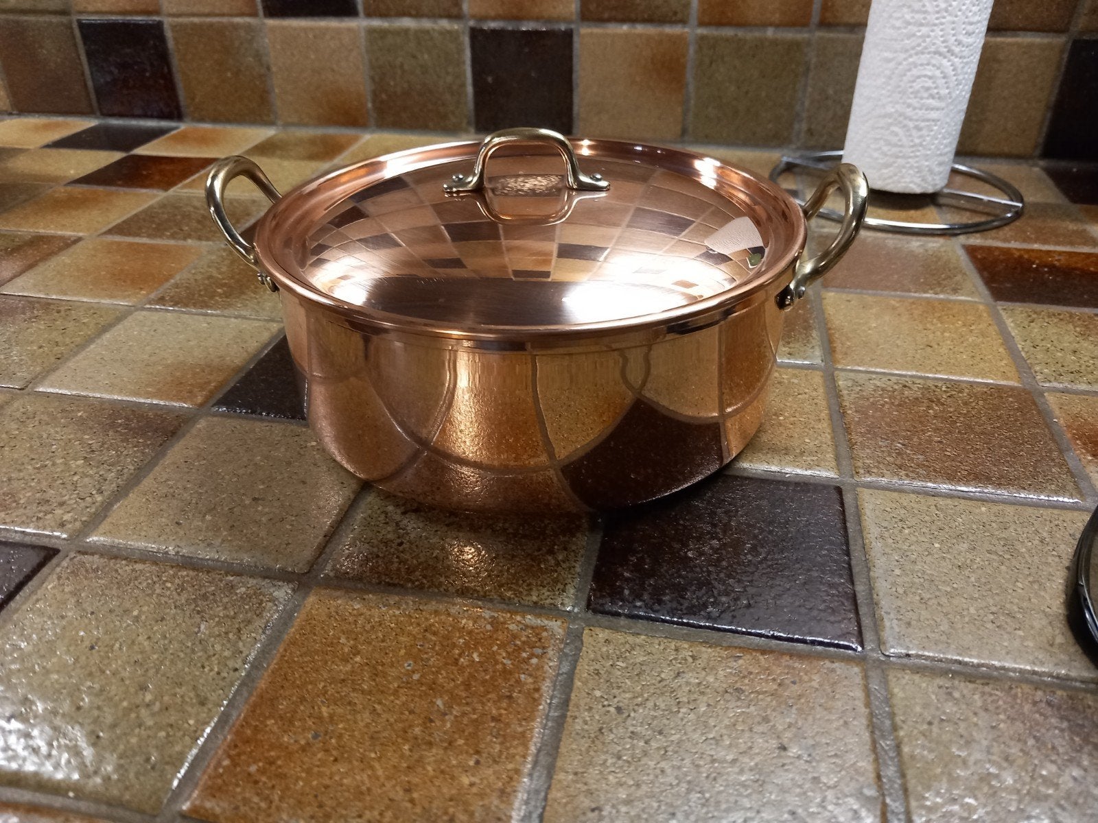 Koperen pannenset met messing handvatten, Ø 17 cm, Huis en Inrichting, Keuken | Potten en Pannen, Ophalen, Met handvatten, Kookpan