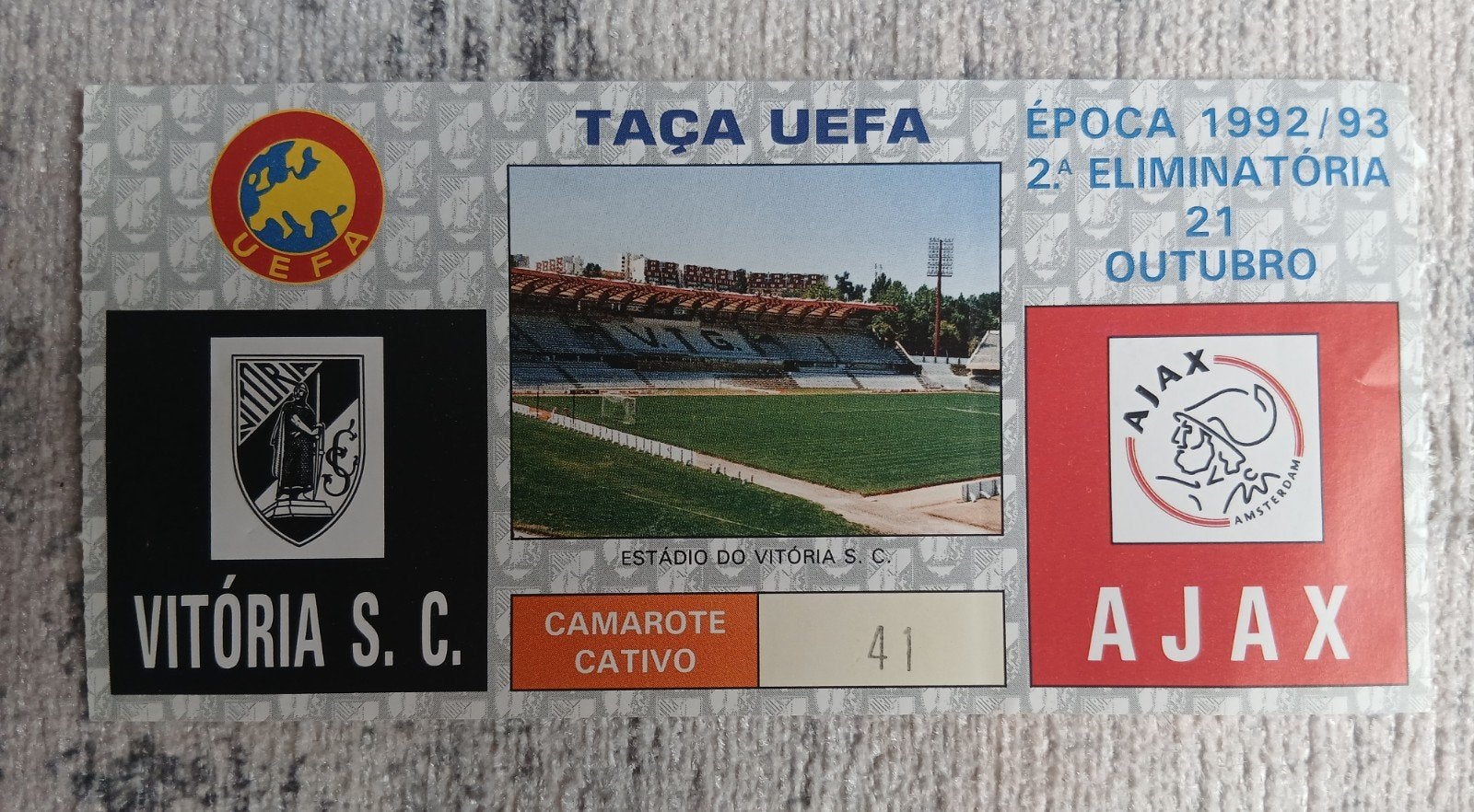 Ticket Vitoria Guimaraes-AJAX # 21-10-1992, Ophalen of Verzenden, Ajax, Overige typen
