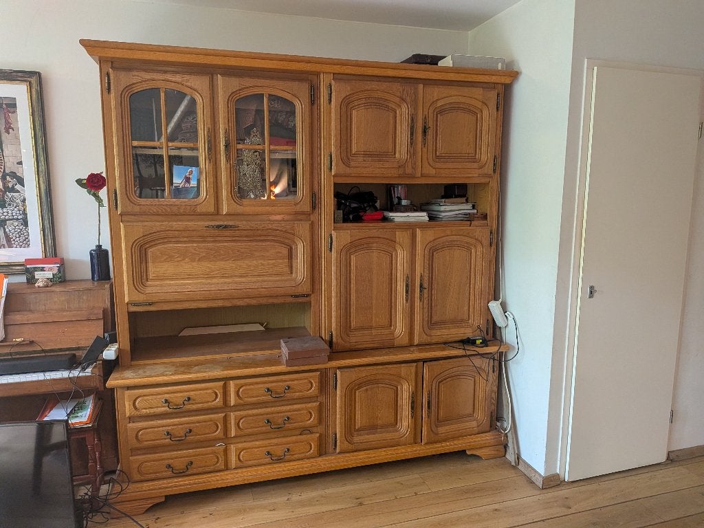 Massief eikenhouten wandmeubel met absurd veel opbergruimte, Ophalen, Gebruikt, Eikenhout, 200 cm of meer
