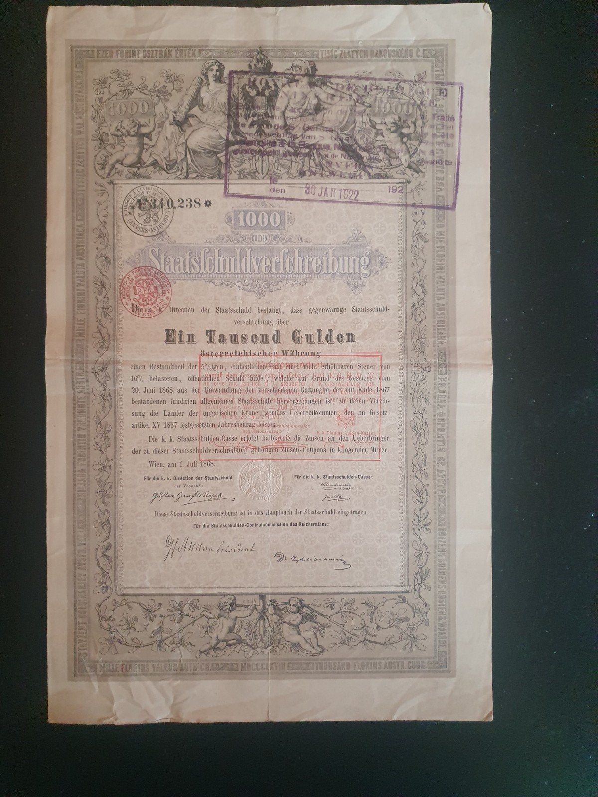 Oostenrijkse Staatsschuldverplichting 1000 Gulden 1922, Ophalen of Verzenden