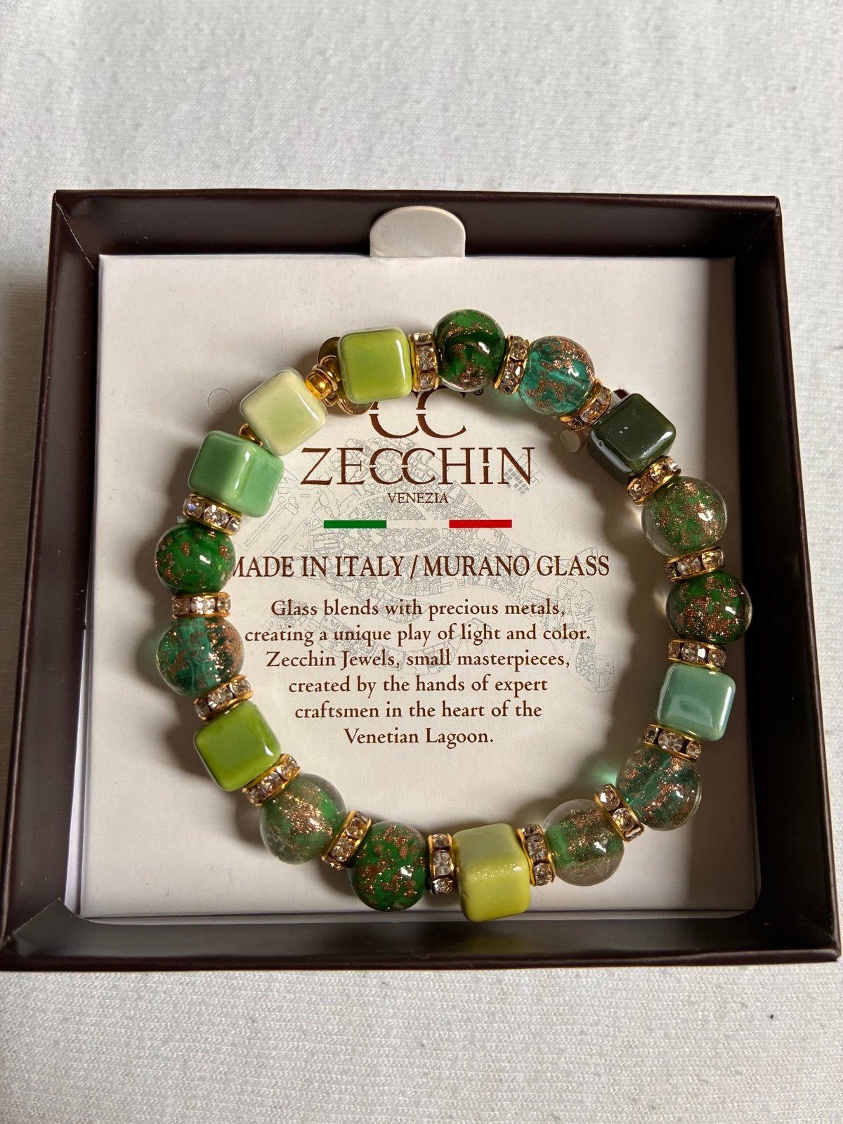 Zecchin Murano Glas Armband - Groen/Goud, Sieraden, Tassen en Uiterlijk, Armbanden, Nieuw, Overige materialen, Groen, Met strass