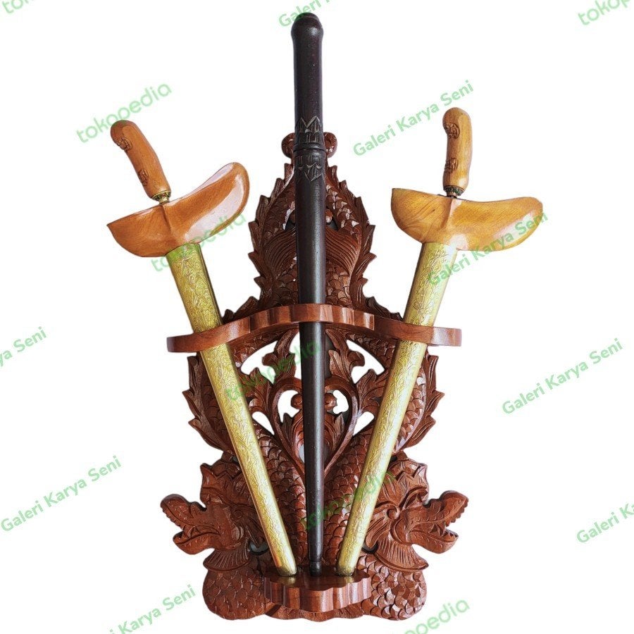 Blawong Kris Wandhouder voor 3 Keris Teak Naga Kembar BW05, Hout, Bruin, Handgemaakt, Verzenden