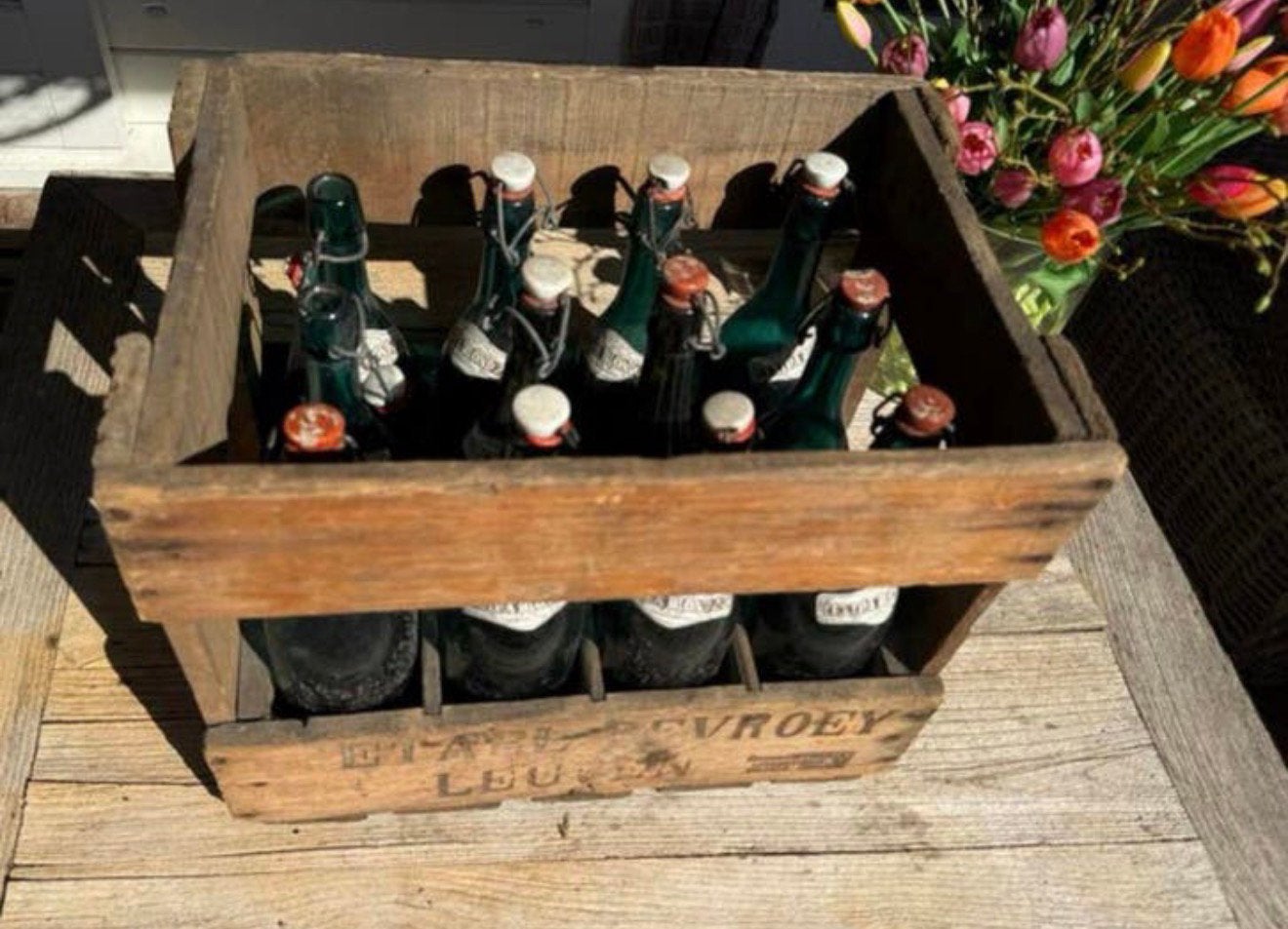 Vintage Devroey Vintage houten krat, 12 groene flessen, Ophalen