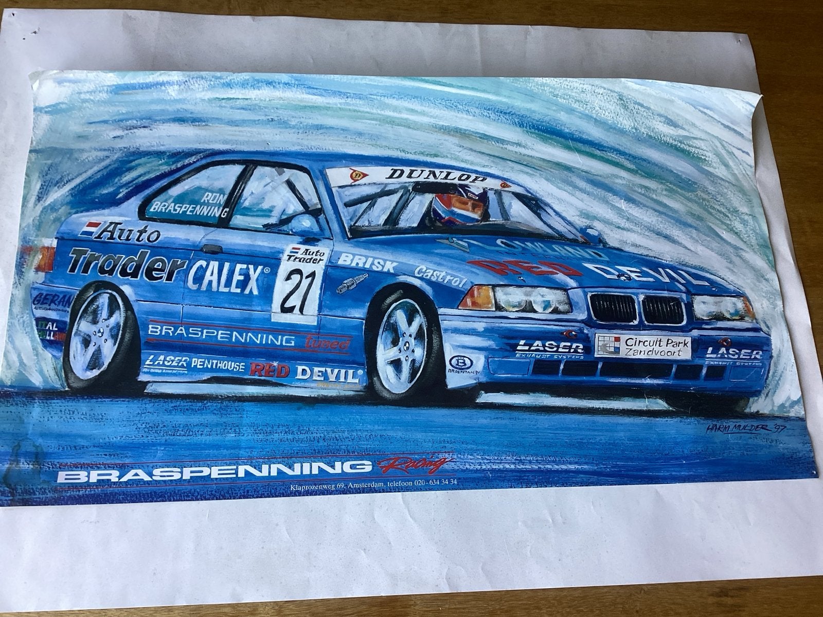 Poster BMW E36 Raceauto tekening Ron Braspenning 1997, Ophalen of Verzenden, Gebruikt, Auto's