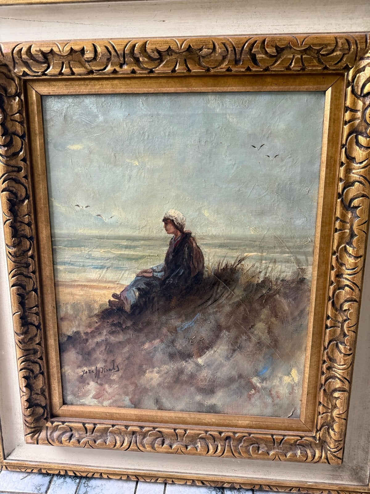 Olieverfschilderij: Vrouw op strand, gesigneerd, Antiek en Kunst, Maritiem / water, Doek, Realistisch, Ophalen of Verzenden
