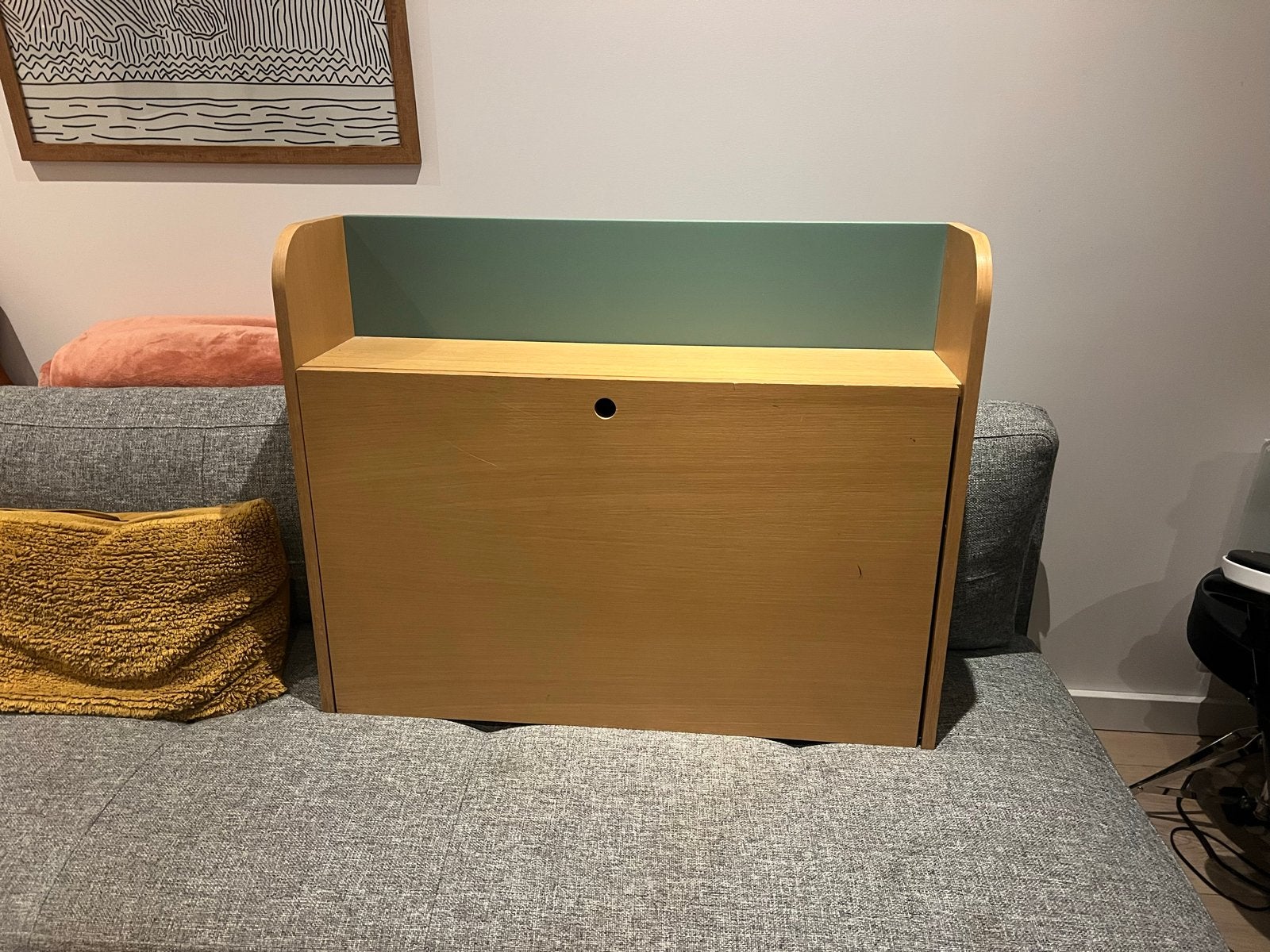Wandbureau / Secretaire - Hout met groen accent, Ophalen, Opbergruimte, Gebruikt, Hout