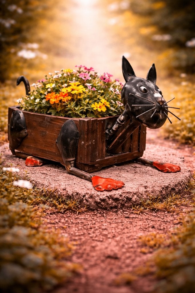 Kat of hond van steenmal en gerecycled blik - plantenbak, Kwastje-over-Kastje, Nieuw, Ophalen of Verzenden, Kwastjeoverkastje@gmail.com