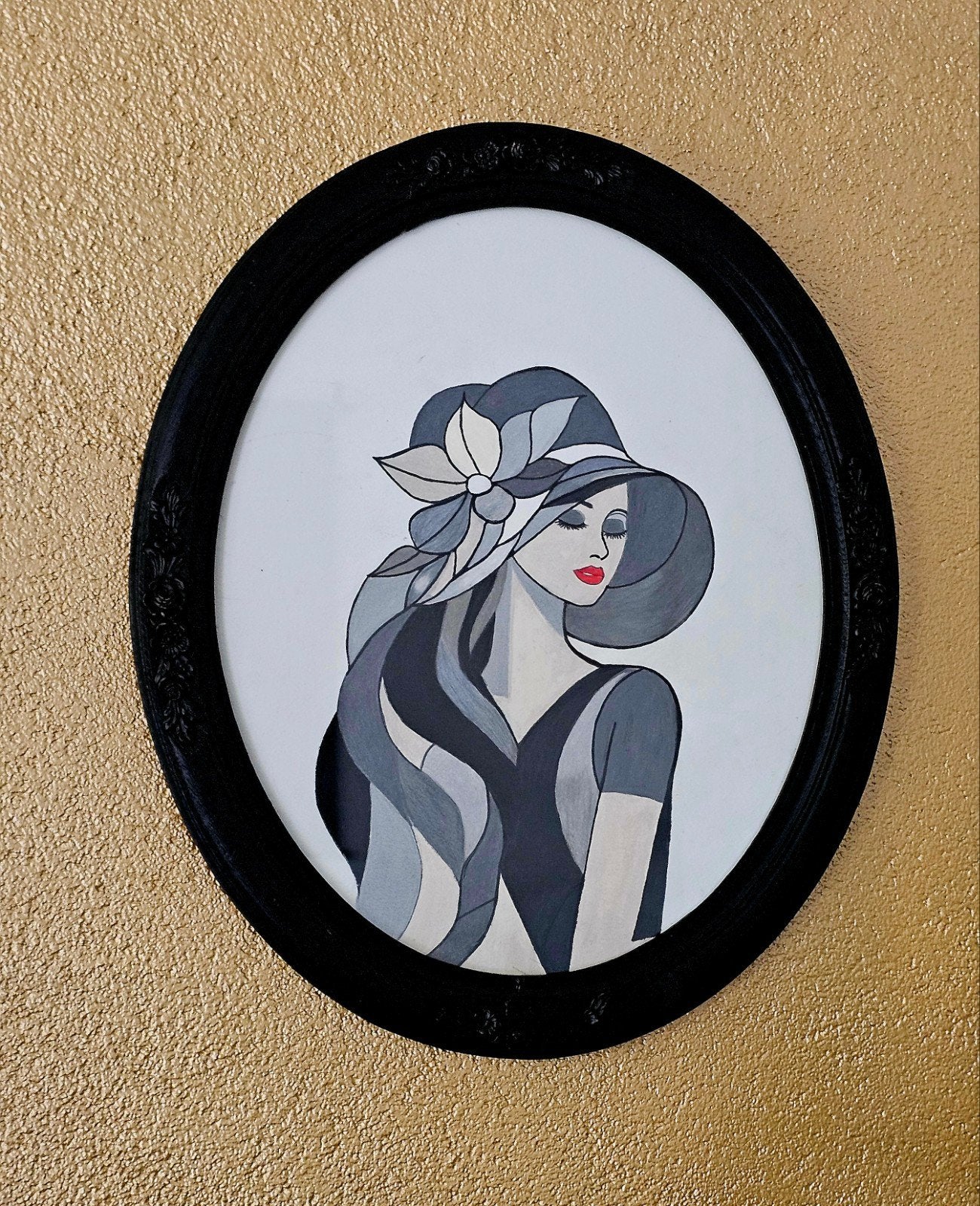 Schilderij Vrouw met Hoed - Ovaal eikenhouten Frame, Acrylverf, Hout, Ophalen of Verzenden, Ingelijst