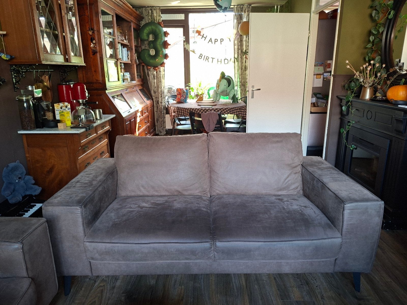 2 zits bank taupe stof met suede look, Ophalen, Gebruikt, 150 tot 200 cm, Tweepersoons
