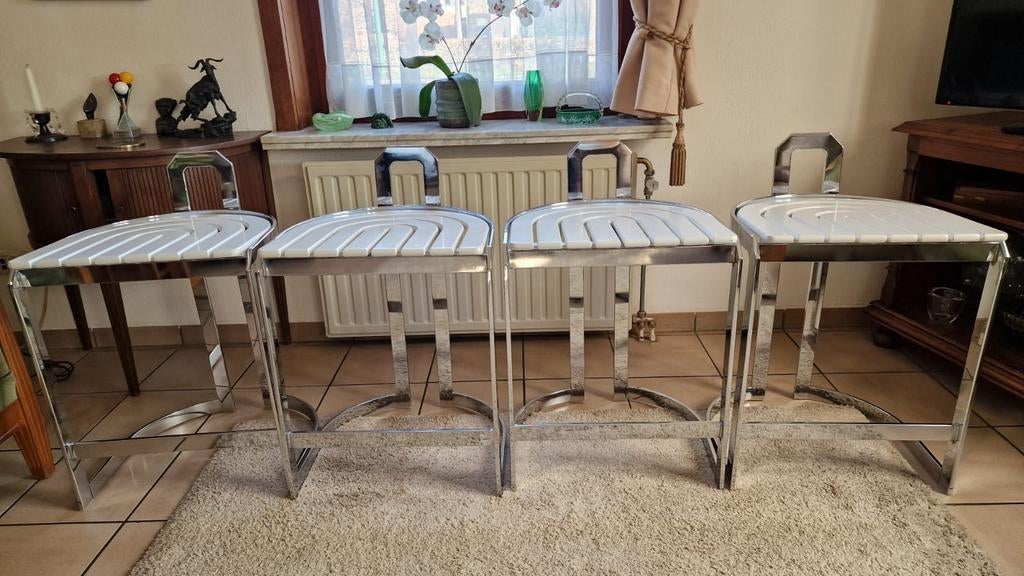 Allmilmö barkrukken Chrome met witte zitting 4x, Ophalen, Gebruikt, Met voetsteun, 60 tot 90 cm