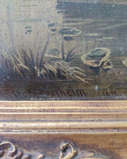 Antiek schilderij: van: Willem Alexander meyerheim 1879, Bijzondere lijst, Doek, Overige technieken, Ophalen of Verzenden