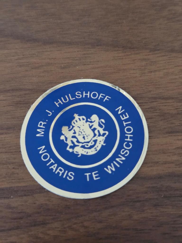 7518 Vintage Notaris J.Hulshoff Winschoten Plaquette/Sticker, Ophalen of Verzenden, Gebruikt