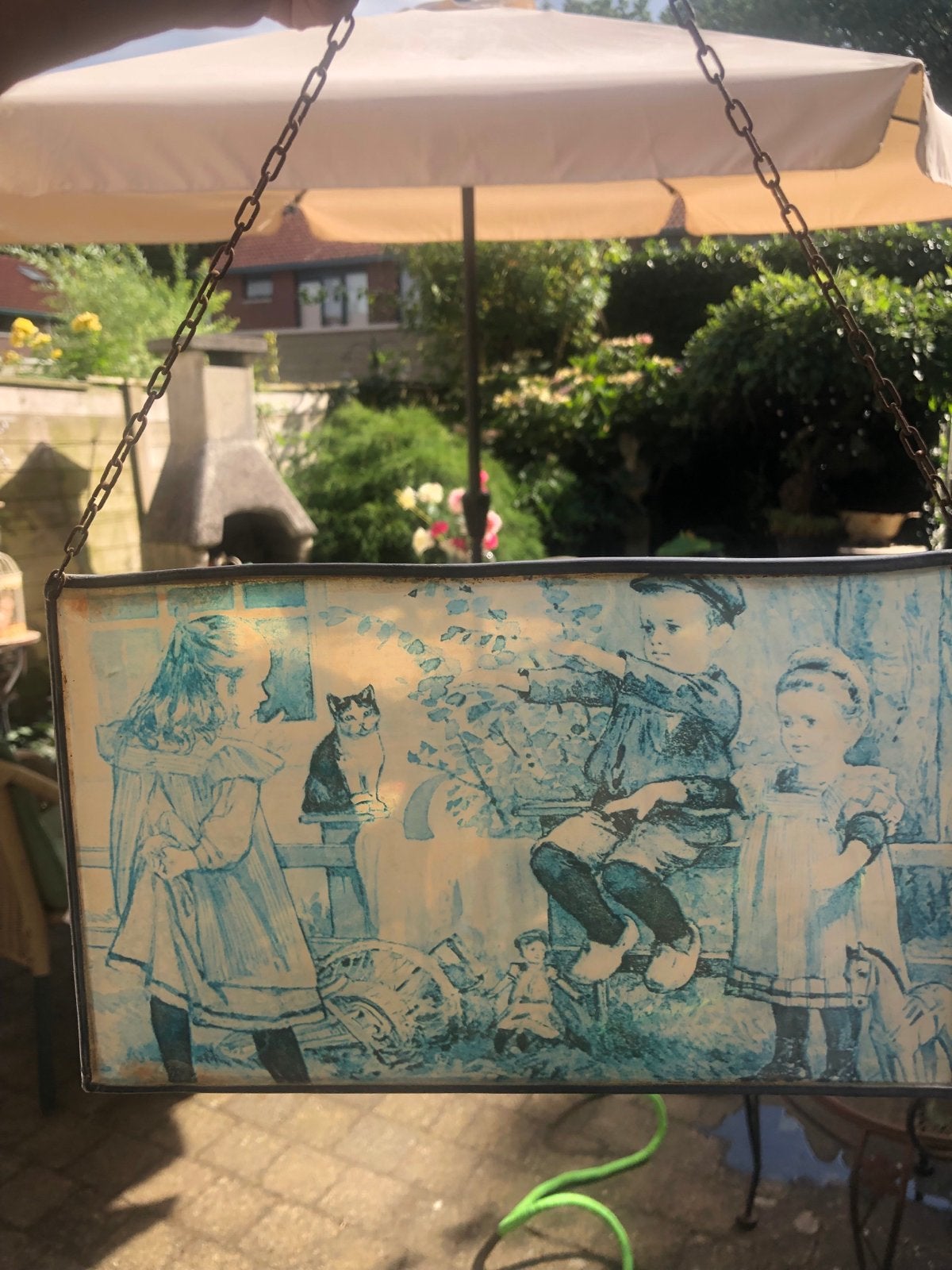 Vintage Glas-in-lood raamhanger met kinderfiguren en kat, Ophalen
