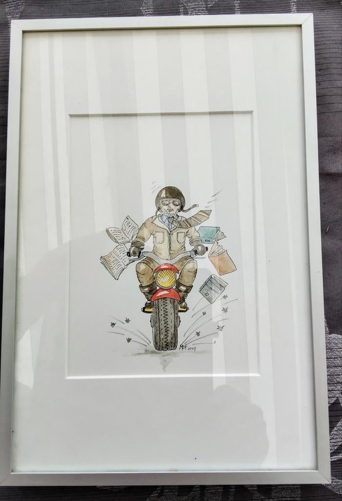 Aquarel van motorrijder in goede staat 11,5-14 cm., Ophalen of Verzenden