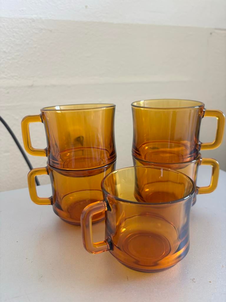 5x Duralex amberkleurige kopjes, Verzamelen, Glas en Borrelglaasjes, Ophalen, Zo goed als nieuw