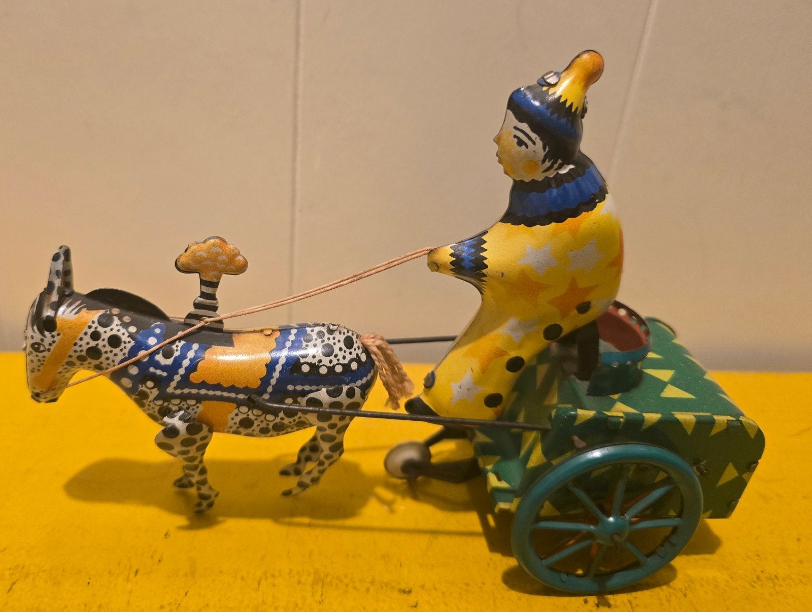 Vintage blikken clowntje met kar en paardje, Spelcomputers en Games, Ophalen of Verzenden