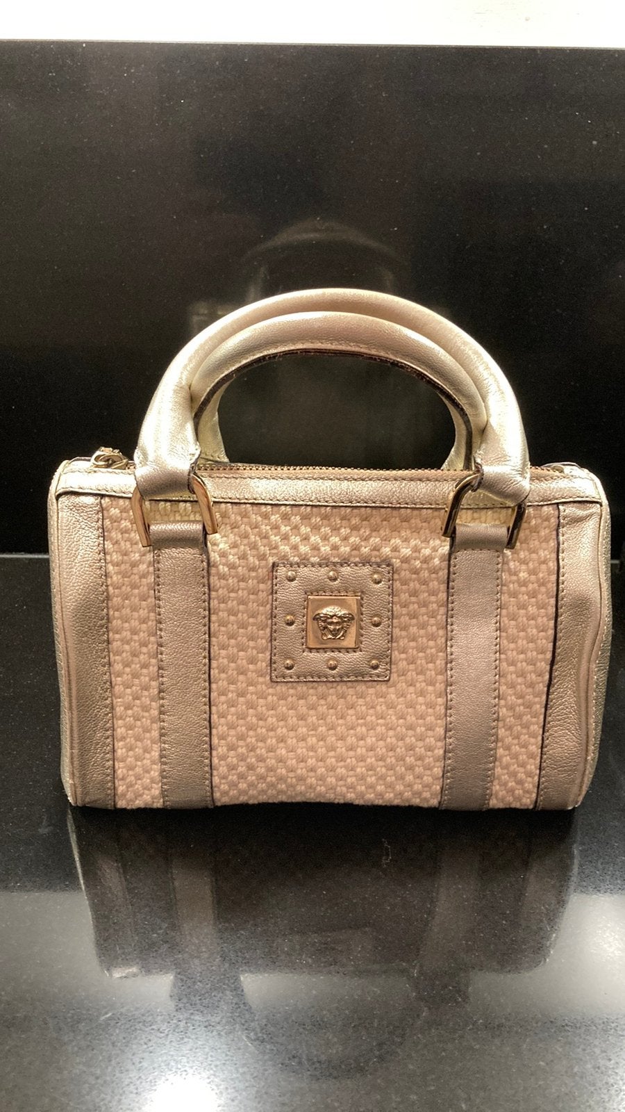 VERSACE gouden, LEER met canvas, party tasje 20X15x10, Ophalen of Verzenden, Zo goed als nieuw, Beige, Avondtasje