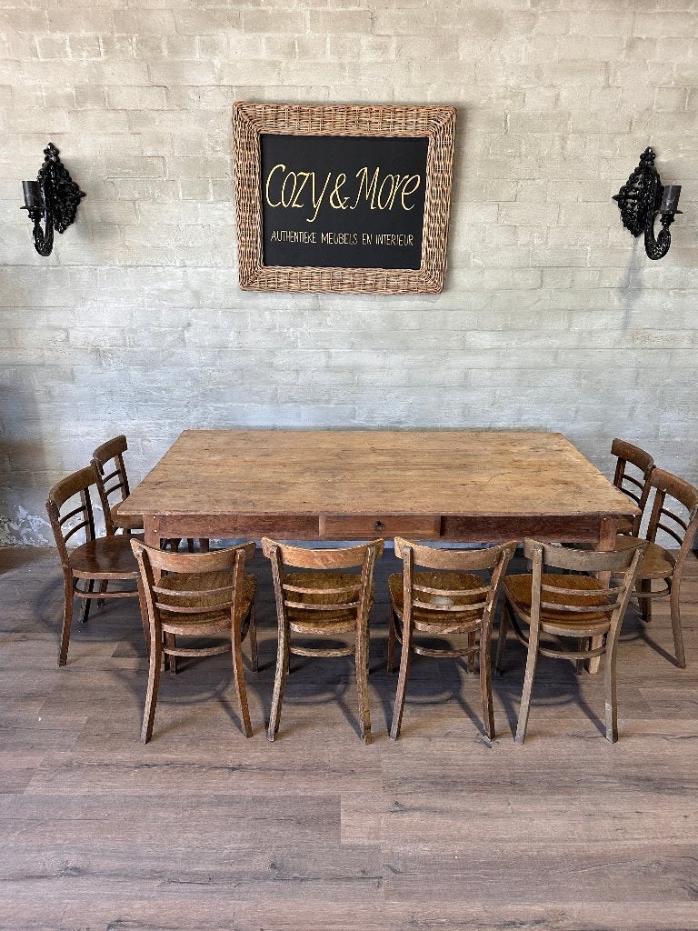 Franse antieke eettafel met 1 lade - 199 x 106 cm + 79 cm, Gebruikt, 100 tot 150 cm, Authentiek landelijk, Teakhout