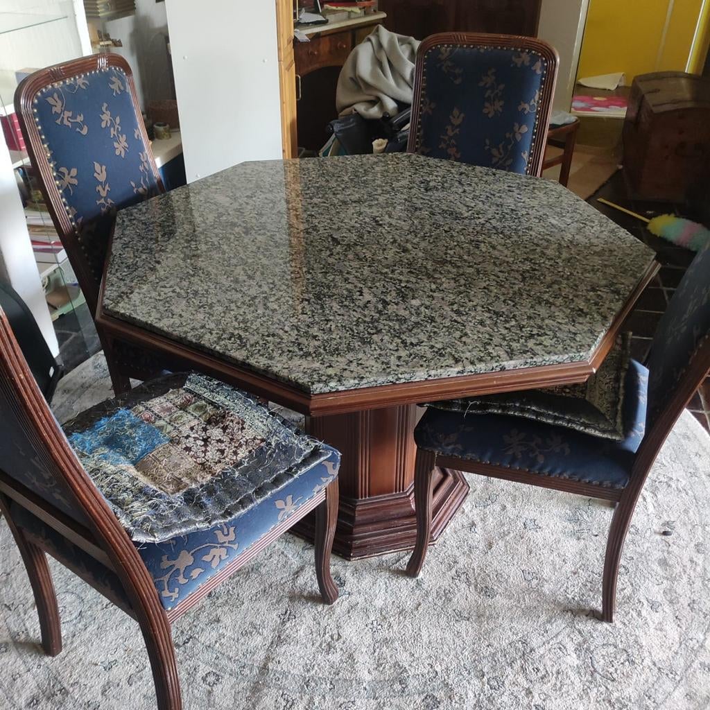 Elegante zeshoekige eettafel met granieten blad en stoelen, Ophalen