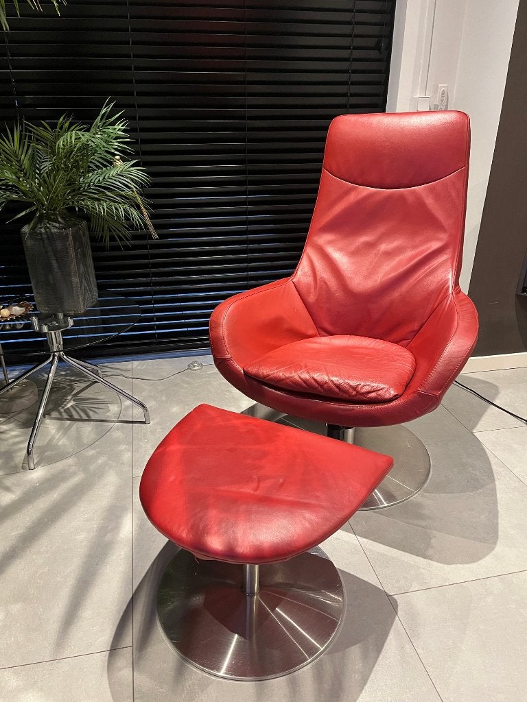 Luxe rode lederen relaxfauteuil met Hocker (draaibaar), Ophalen, Gebruikt, 75 tot 100 cm, 75 tot 100 cm
