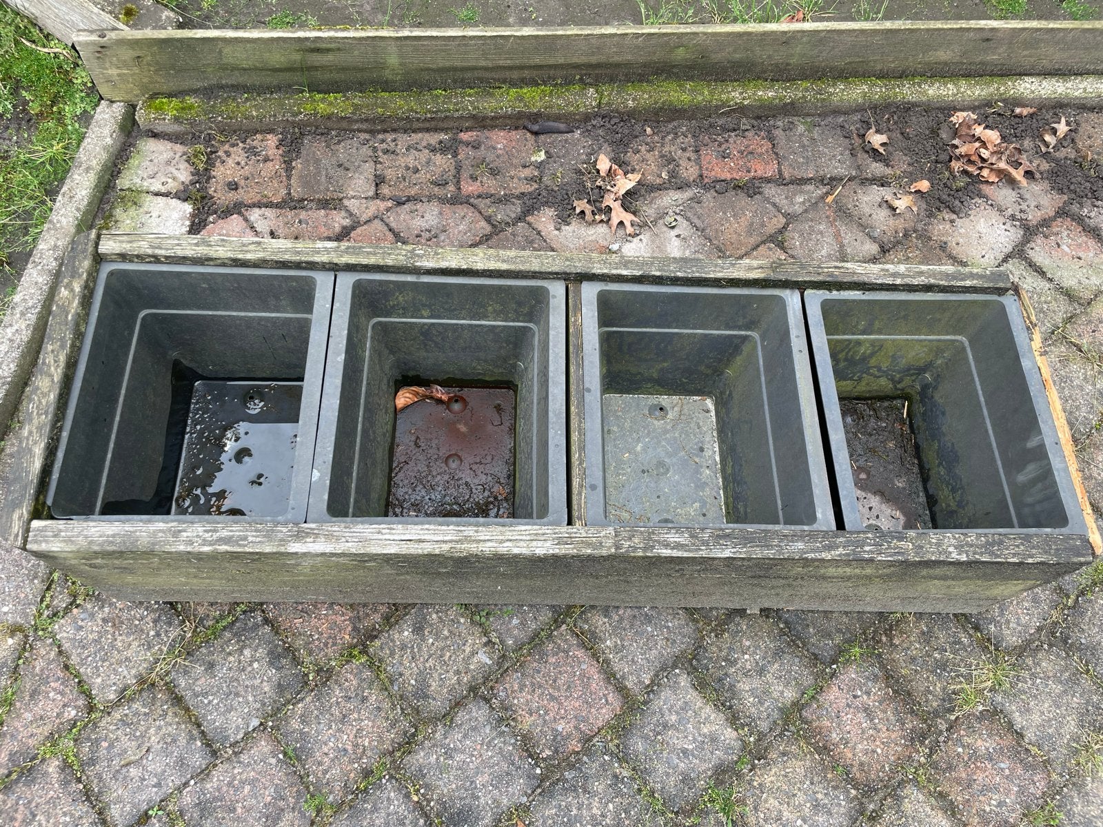 Houten plantenbak met 4 kunststof inzetbakken, Ophalen, Gebruikt, Minder dan 30 cm, 100 cm of meer