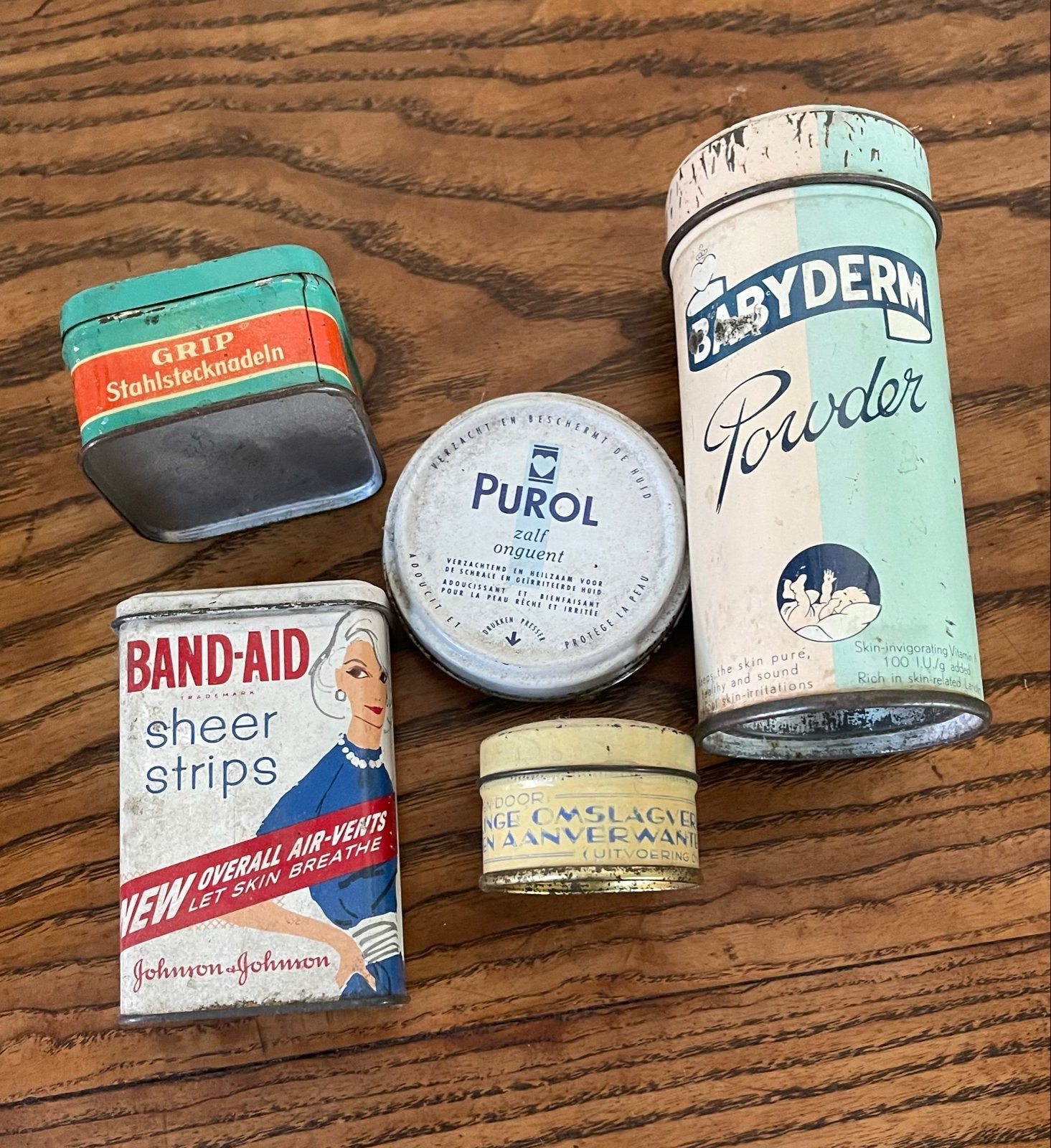 Vintage medicijndoosjes en poederblik - set van 5, Ophalen of Verzenden