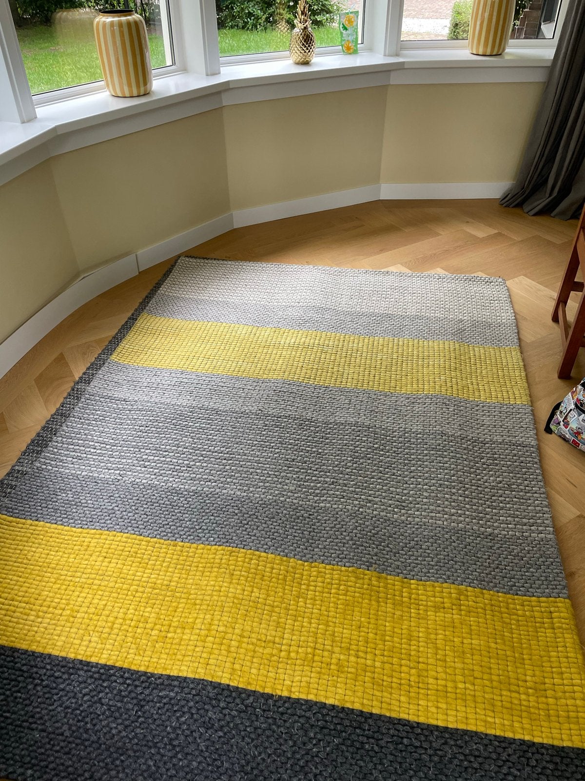 Vloerkleed grijs met geel - 160 x 230 cm, Ophalen, Gebruikt, 150 tot 200 cm, 200 cm of meer