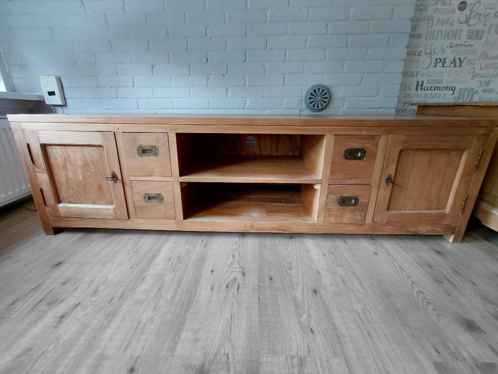 Massief Teak houten tv meubel, Ophalen, 150 tot 200 cm, Teakhout, Zo goed als nieuw