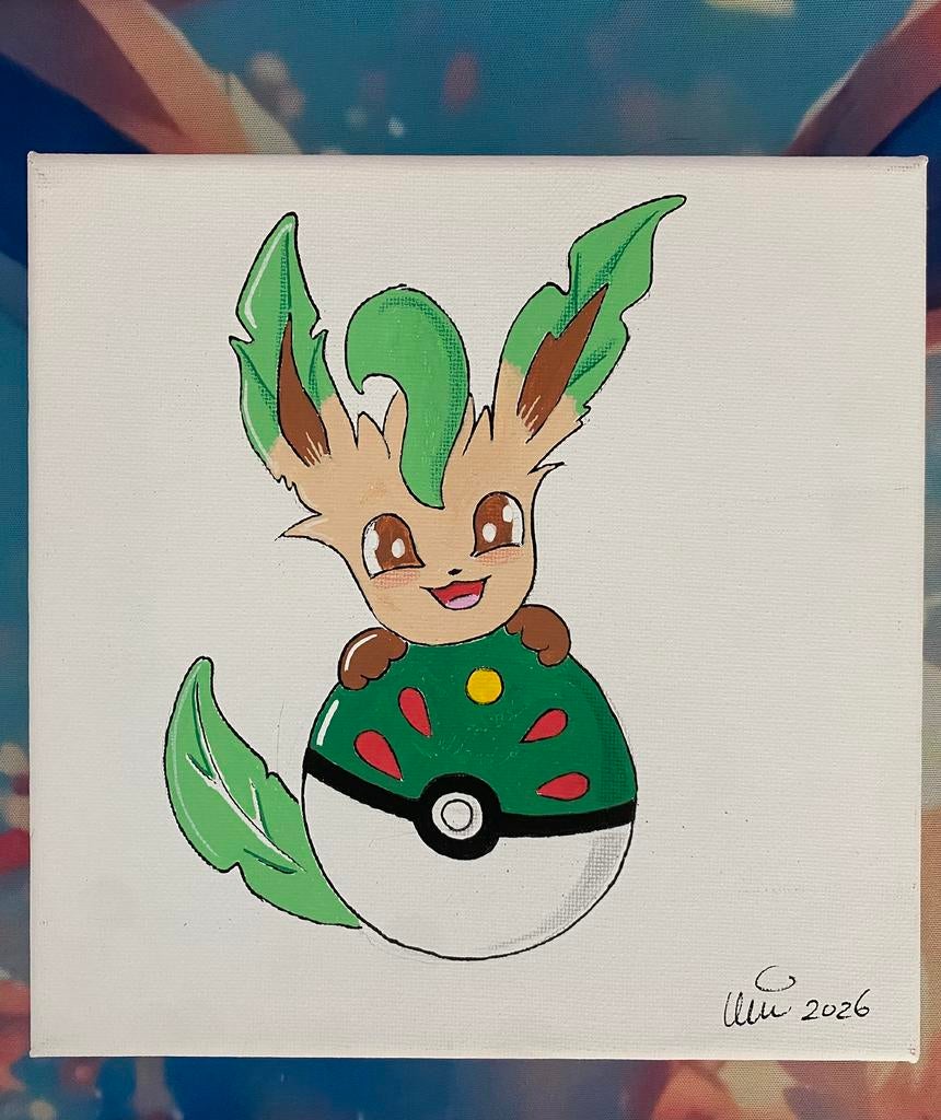 Handgeschilderd Pokémon canvas! Chibi Leafeon, Ophalen of Verzenden