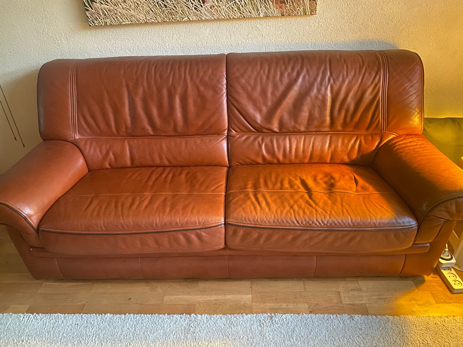 Comfortabele leren bank - 2m breed. Cognackleur. Echt leder., Ophalen, Gebruikt, Tweepersoons, Rechte bank