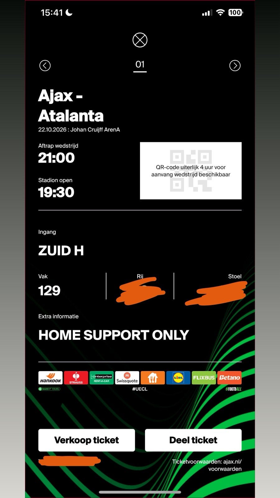 Ajax-Atalanta F-side 1 ticket, Eén persoon