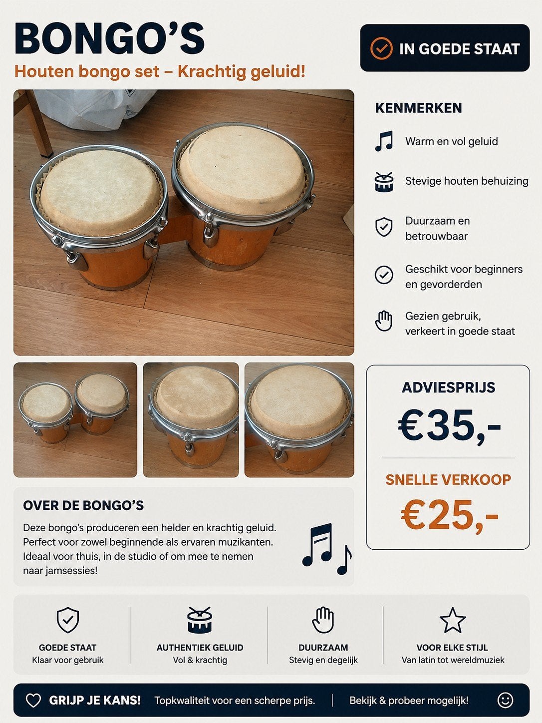 Houten bongo set - Krachtig geluid!, Muziek en Instrumenten, Ophalen of Verzenden