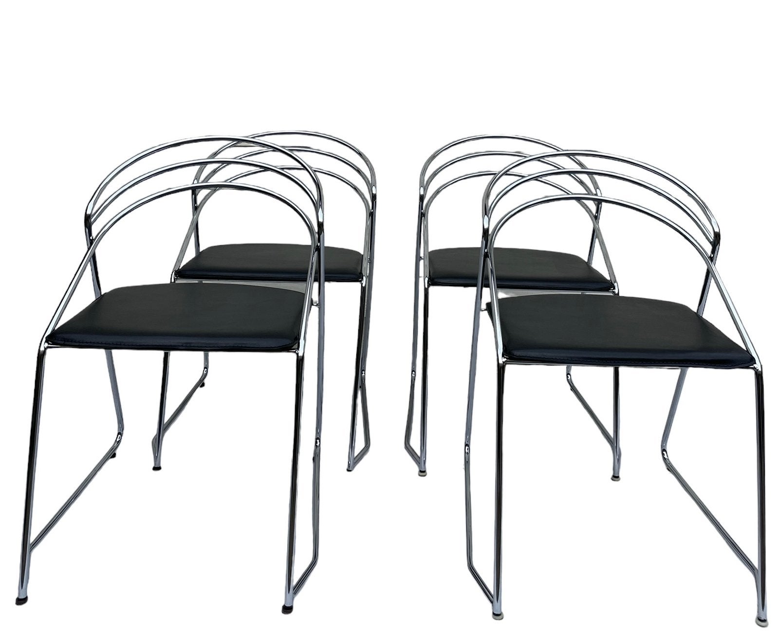 Set van 4 italian design 80’s draadstaal stoelen zwart leer, Post modern italian design, Zwart, Ophalen of Verzenden, Zo goed als nieuw
