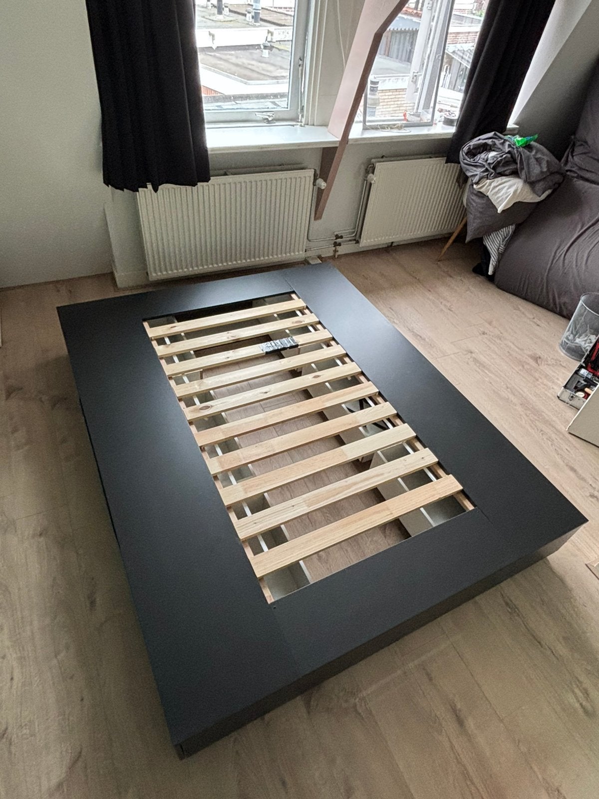 NORDLI bedframe met opberglades, 160x200 cm, antraciet, Ophalen, Gebruikt, Zwart, Tweepersoons